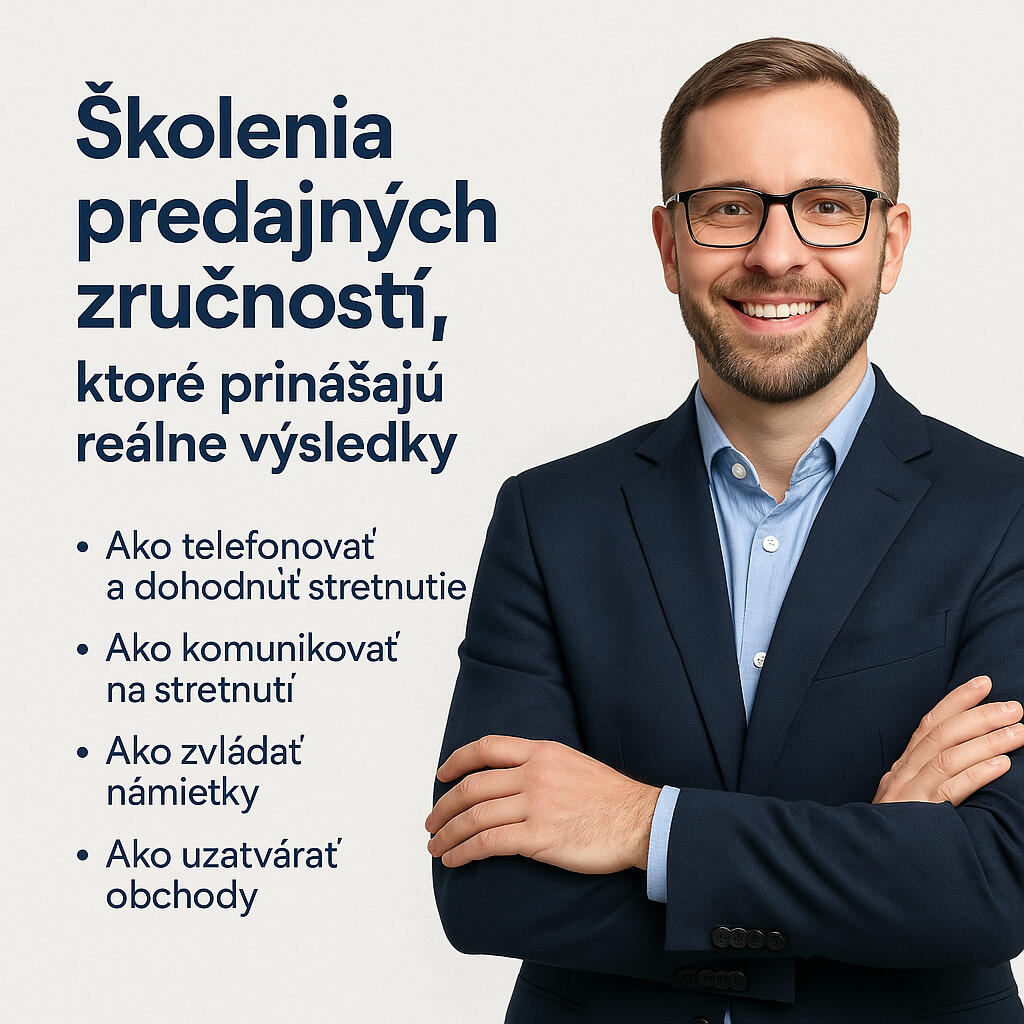 Usmiaty školiteľ, manažér a lektor v obleku s textom o školení predajných zručností.